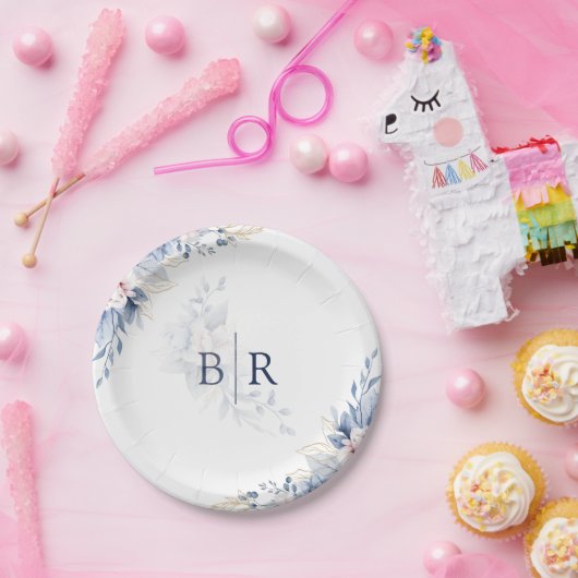 Assiettes En Carton Elégant Mariage floral couleur bleu (Fête)