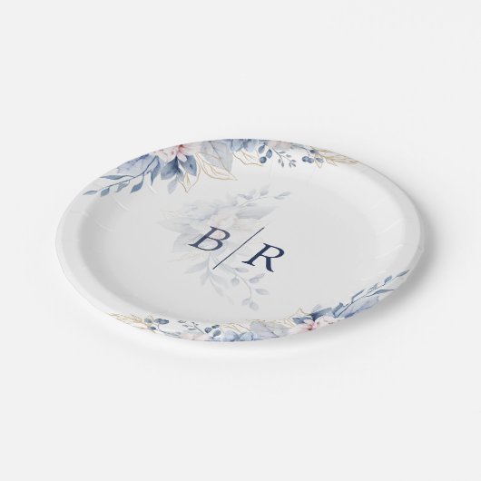 Assiettes En Carton Elégant Mariage floral couleur bleu (Angle)