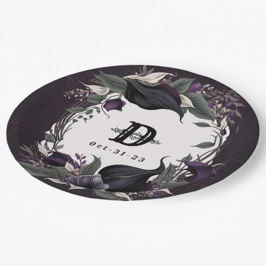 Assiettes En Carton Élégant Mariage gothique monogramme (Angle)