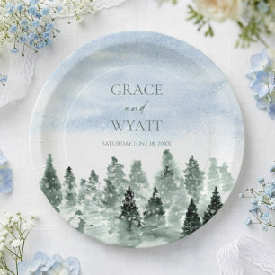 Assiettes En Carton Élégant Mariage Hiver Neige Pins Verts