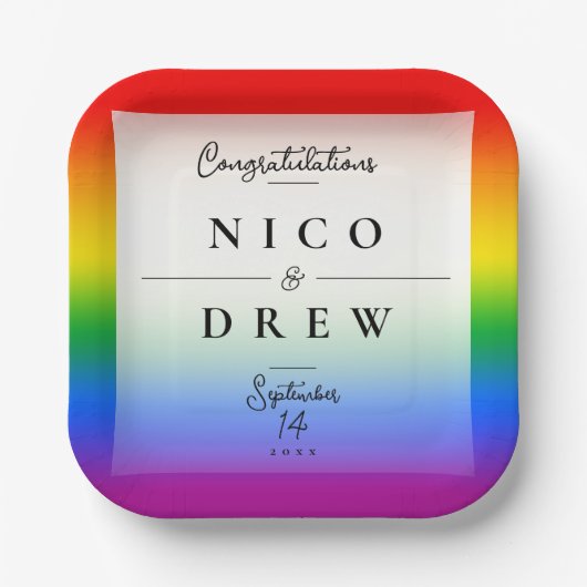 Assiettes En Carton Élégant Mariage LGBTQ+ Pride (Recto)