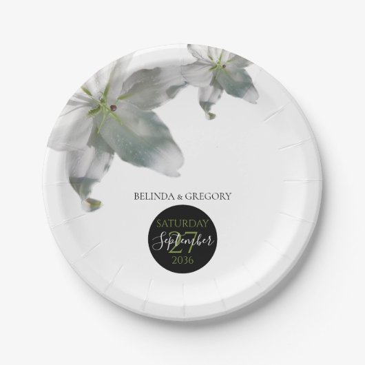 Assiettes En Carton Élégant Mariage Lys blancs (Devant)