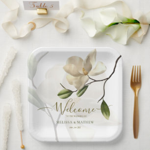 Assiettes En Carton Élégant Mariage oriental blanc Magnolia