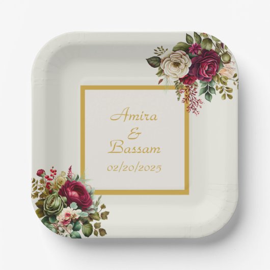 Assiettes En Carton Élégant Mariage Rose Floral (Recto)