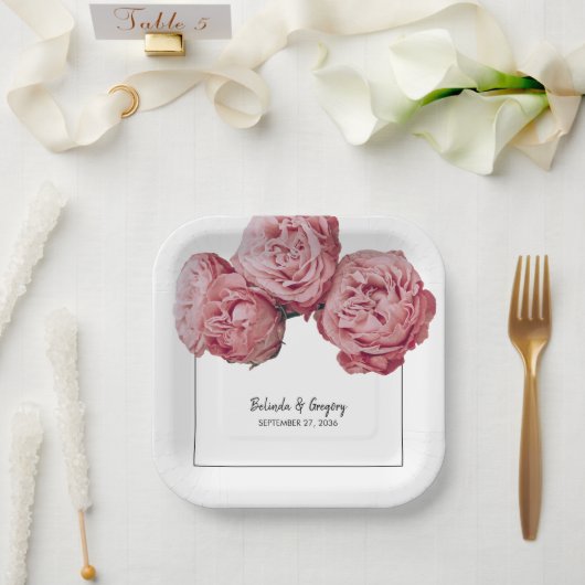 Assiettes En Carton Élégant Mariage rose Roses (Mariage)