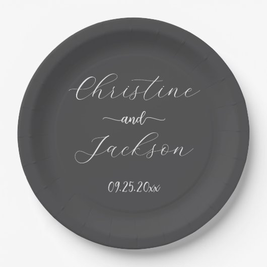 Assiettes En Carton Élégant Mariage Script gris foncé (Devant)