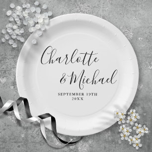 Assiettes En Carton Élégant mariage signature écriture noir et blanc