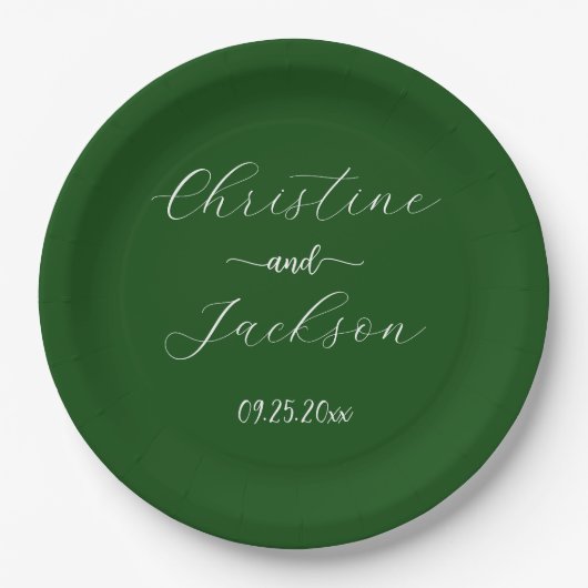 Assiettes En Carton Élégant Mariage vert Moss Script (Devant)