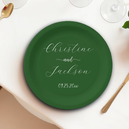 Assiettes En Carton Élégant mariage vert mousse script