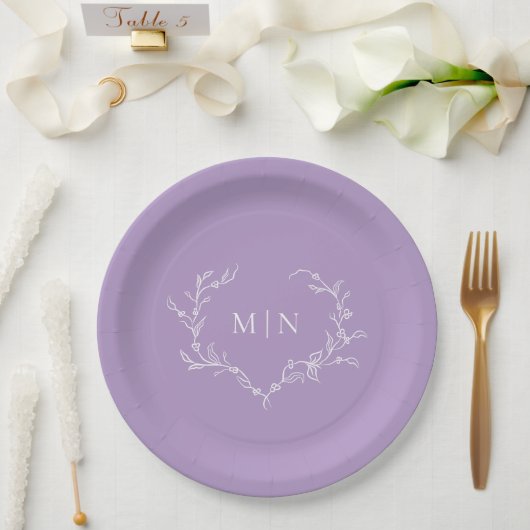 Assiettes En Carton Élégant Mariage violet Monogram Wreath (Mariage)