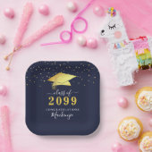 Assiettes En Carton Élégant Marine Blue Gold Confetti Script Graduatio (Fête)