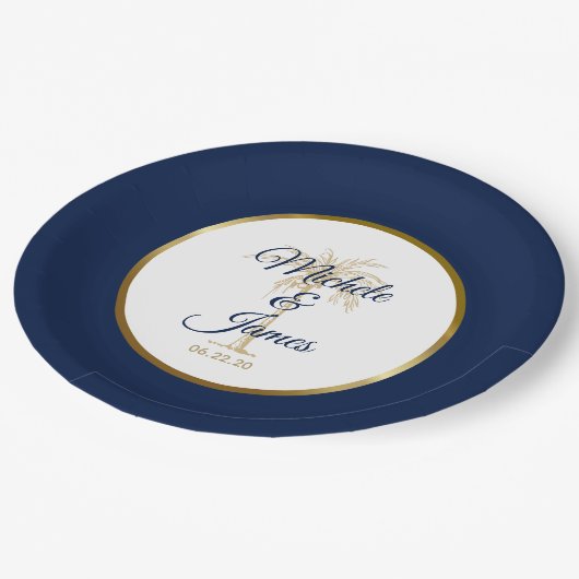 Assiettes En Carton Elégant Marine Blue Gold Palm Tree Mariage moderne (Angle)