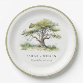 Assiettes En Carton Elégant minimal vert aquarelle Mariage chêne arbre (Devant)