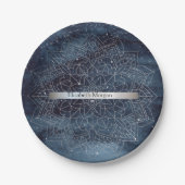 Assiettes En Carton Elégant moderne en argent Mandala Stripe Navy bleu (Devant)