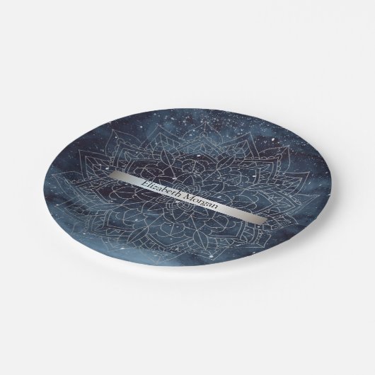 Assiettes En Carton Elégant moderne en argent Mandala Stripe Navy bleu (Angle)