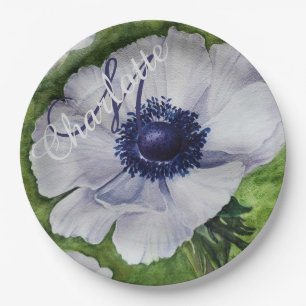 ASSIETTES EN CARTON ÉLÉGANT MONOGRAMME FÊTE ANÉMONE BLANCHE