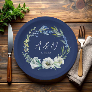 Assiettes En Carton Élégant Monogramme floral bleu marine Mariage d'hi