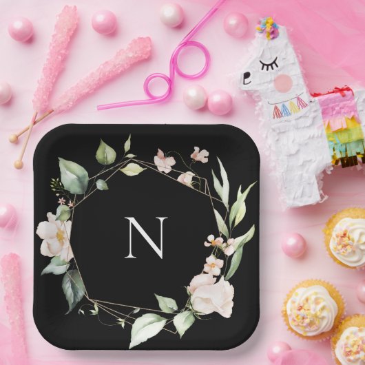 Assiettes En Carton Élégant Monogramme Floral rose Plaques Mariages (Fête)