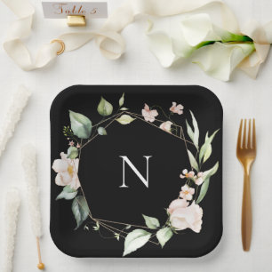 Assiettes En Carton Élégant Monogramme Floral rose Plaques Mariages no