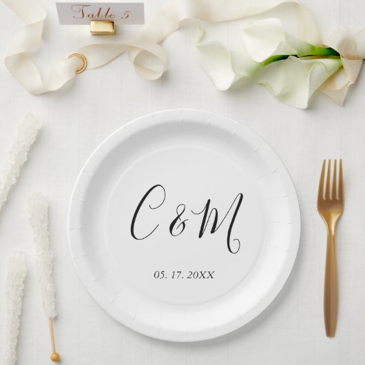 Assiettes En Carton Élégant Monogramme Mariage noir et blanc (Mariage)