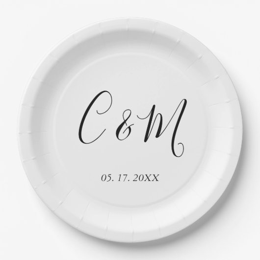 Assiettes En Carton Élégant Monogramme Mariage noir et blanc (Devant)
