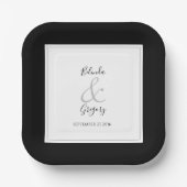Assiettes En Carton Élégant Monogramme Mariage noir et blanc (Recto)