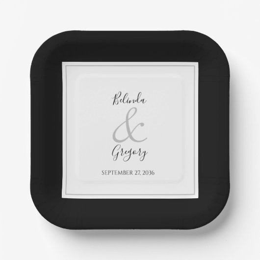 Assiettes En Carton Élégant Monogramme Mariage noir et blanc (Recto)