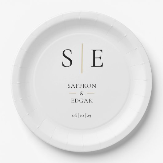 Assiettes En Carton Élégant Monogramme Mariage noir et or (Devant)