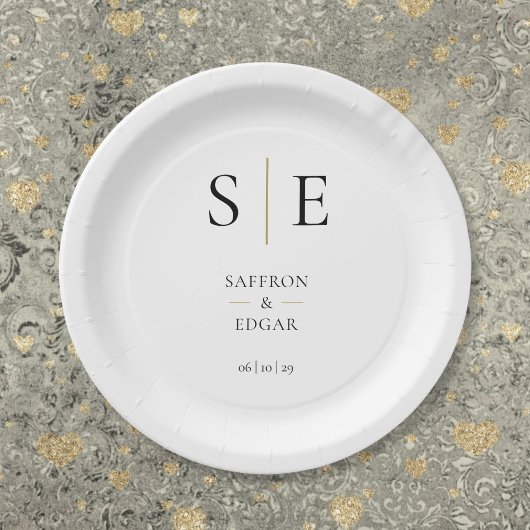 Assiettes En Carton Élégant Monogramme Mariage noir et or