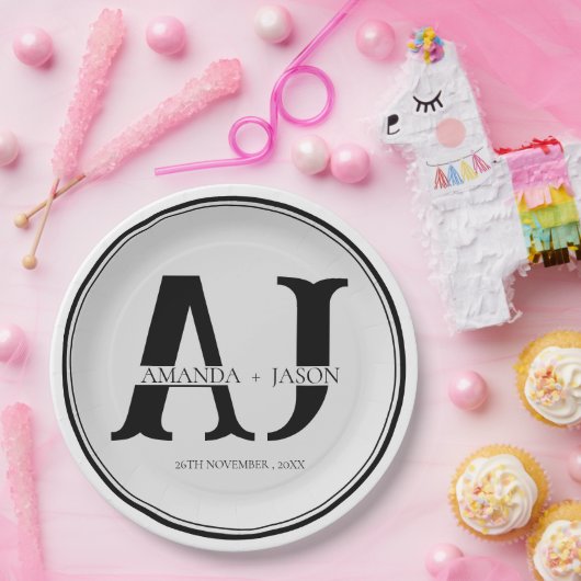 Assiettes En Carton Élégant Monogramme Mariée Groom Noms Mariage (Fête)