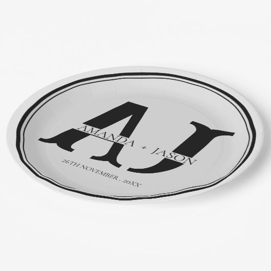 Assiettes En Carton Élégant Monogramme Mariée Groom Noms Mariage (Angle)