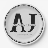 Assiettes En Carton Élégant Monogramme Mariée Groom Noms Mariage (Devant)