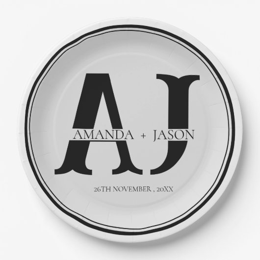 Assiettes En Carton Élégant Monogramme Mariée Groom Noms Mariage (Devant)
