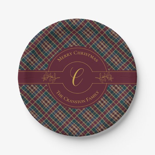 Assiettes En Carton Élégant Monogramme Or Plaid Noël (Devant)