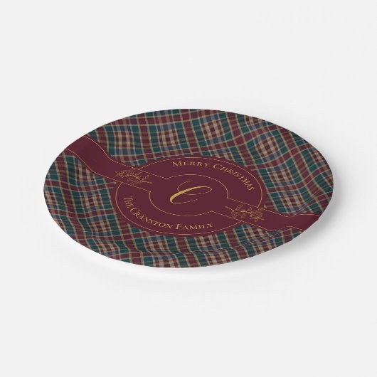 Assiettes En Carton Élégant Monogramme Or Plaid Noël (Angle)