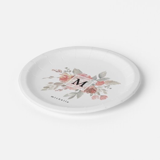 Assiettes En Carton Élégant Monogramme rose pâle Dusty (Angle)