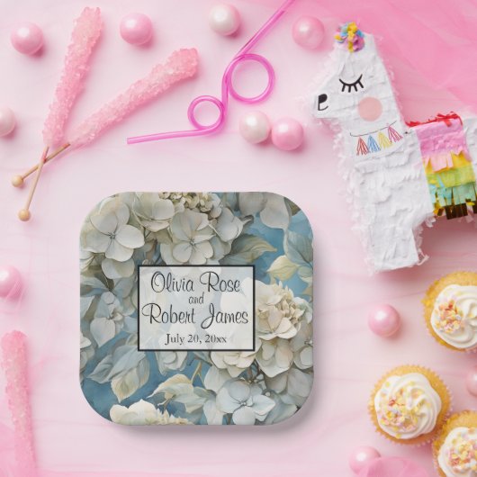 Assiettes En Carton Elégant moody bleu poussiéreux flores d'aquarelle (Fête)