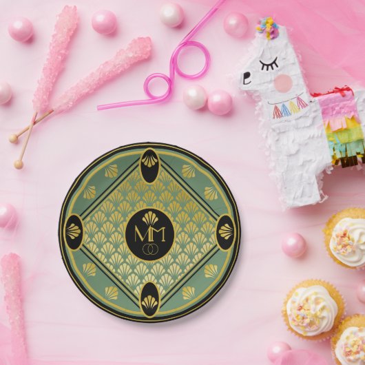 Assiettes En Carton Élégant Motif Art déco Monogram Mariage (Fête)