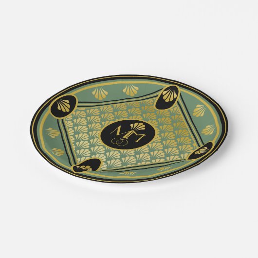 Assiettes En Carton Élégant Motif Art déco Monogram Mariage (Angle)