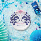 Assiettes En Carton Elégant motif damassé bleu marine, mariage rose (Fête)