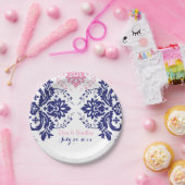 Assiettes En Carton Elégant motif damassé bleu marine, mariage rose (Fête)