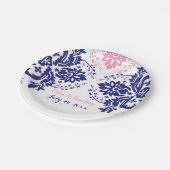 Assiettes En Carton Elégant motif damassé bleu marine, mariage rose (Angle)
