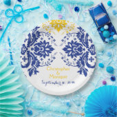 Assiettes En Carton Elégant motif damassé bleu royal, jaune mariage (Fête)