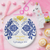 Assiettes En Carton Elégant motif damassé bleu royal, jaune mariage (Fête)