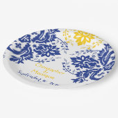 Assiettes En Carton Elégant motif damassé bleu royal, jaune mariage (Angle)