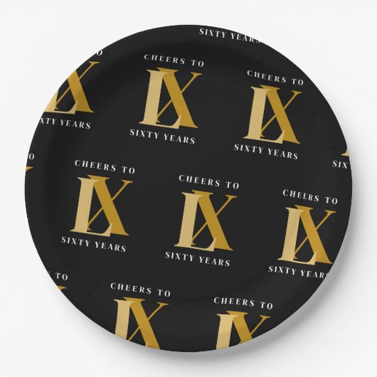 Assiettes En Carton Élégant Motif d'anniversaire noir et or (Devant)