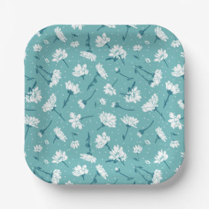 Assiettes En Carton Élégant motif floral - Botanique Turquoise et blan