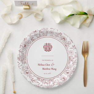 Assiettes En Carton Élégant motif floral double Xi Mariage chinois