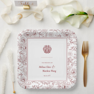 Assiettes En Carton Élégant motif floral double Xi Mariage chinois