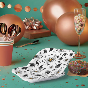 Assiettes En Carton Élégant motif floral noir et blanc
